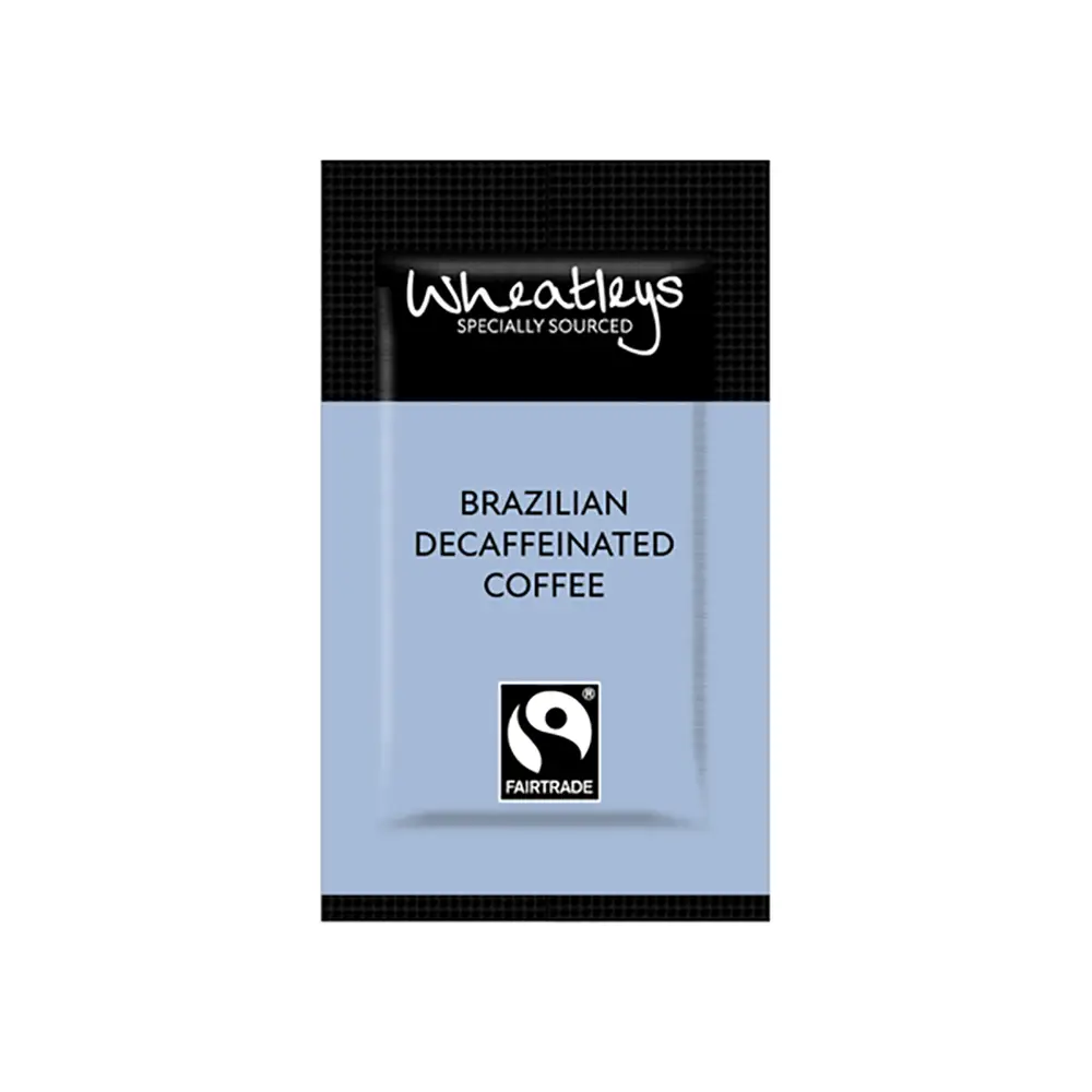 Wheatleys Brazilian Decaffeinated Coffee packet with fair trade sign on a white background
