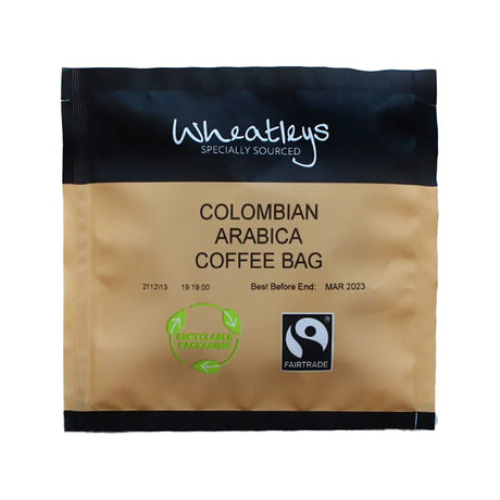 Wheatleys Colombian Arabica coffee bag with Fairtrade certification on a white background
