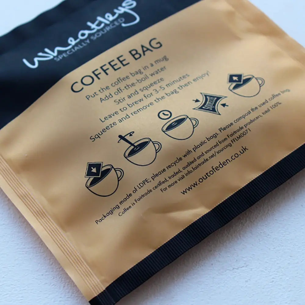 Wheatears coffee bag instructions on a white background