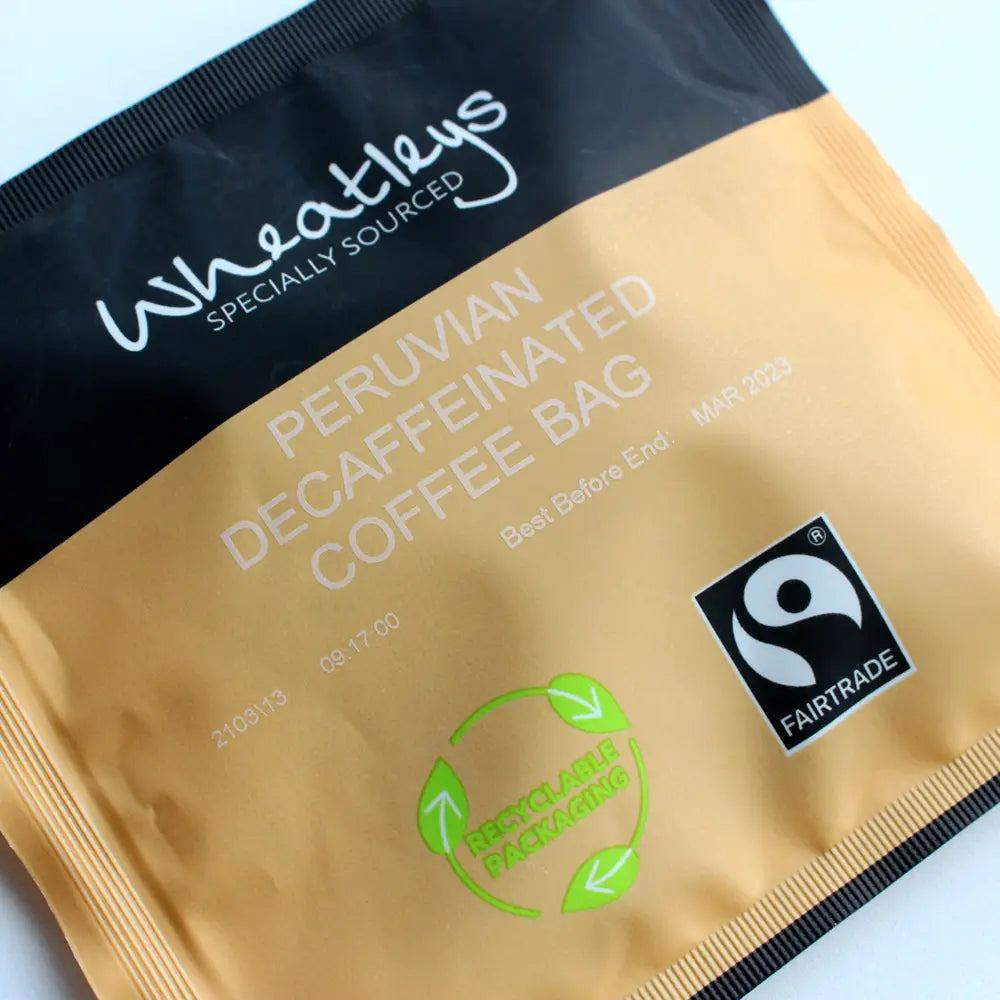 Wheatley's Peruvian Decaffeinated Coffee Bag with Fairtrade logo on a white background