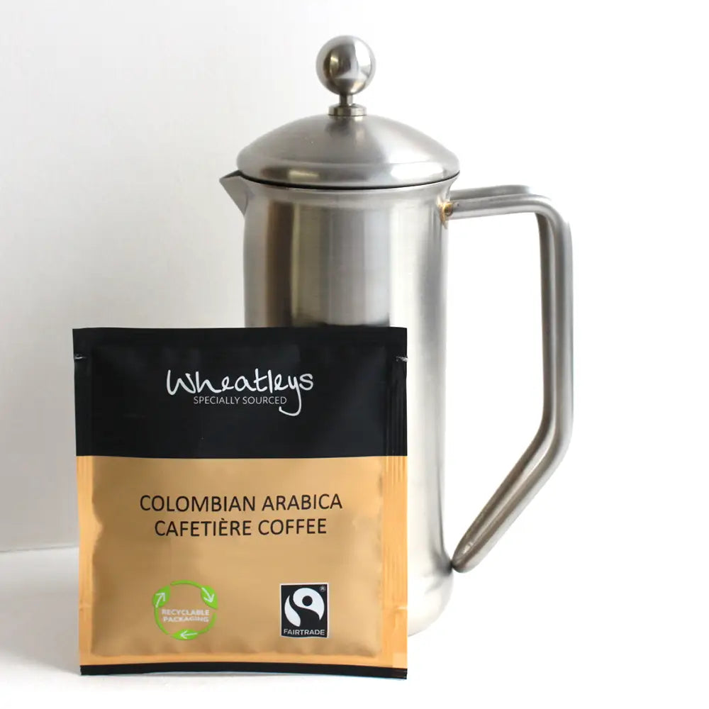 Wheatleys Colombian Arabica Cafetiere Coffee package with a silver cafetiere on a white background