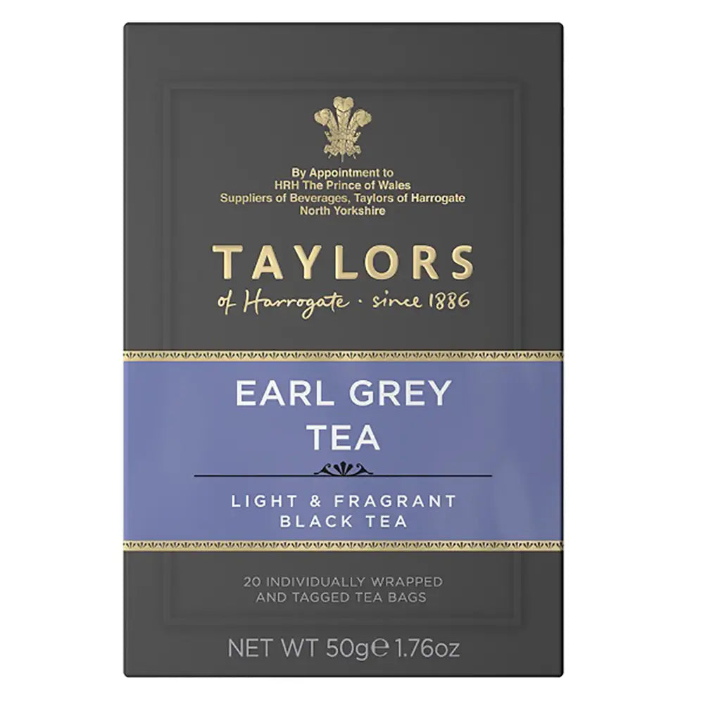 Taylors of Harrogate Earl Grey tea bag packaging on a white background