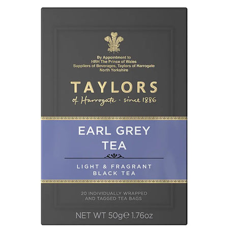 Taylors of Harrogate Earl Grey tea bag packaging on a white background