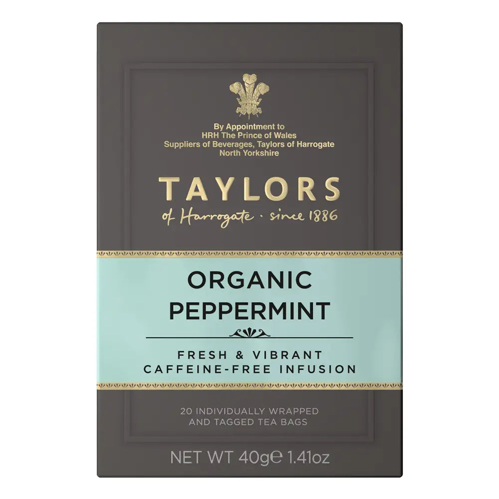 Taylors of Harrogate Organic Peppermint tea packaging on a white background