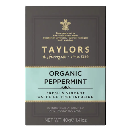 Taylors of Harrogate Organic Peppermint tea packaging on a white background