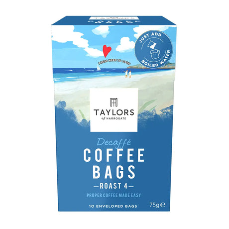 Box of Taylors of Harrogate Decaffeinated Coffee Bags with beach scene illustration on a white background