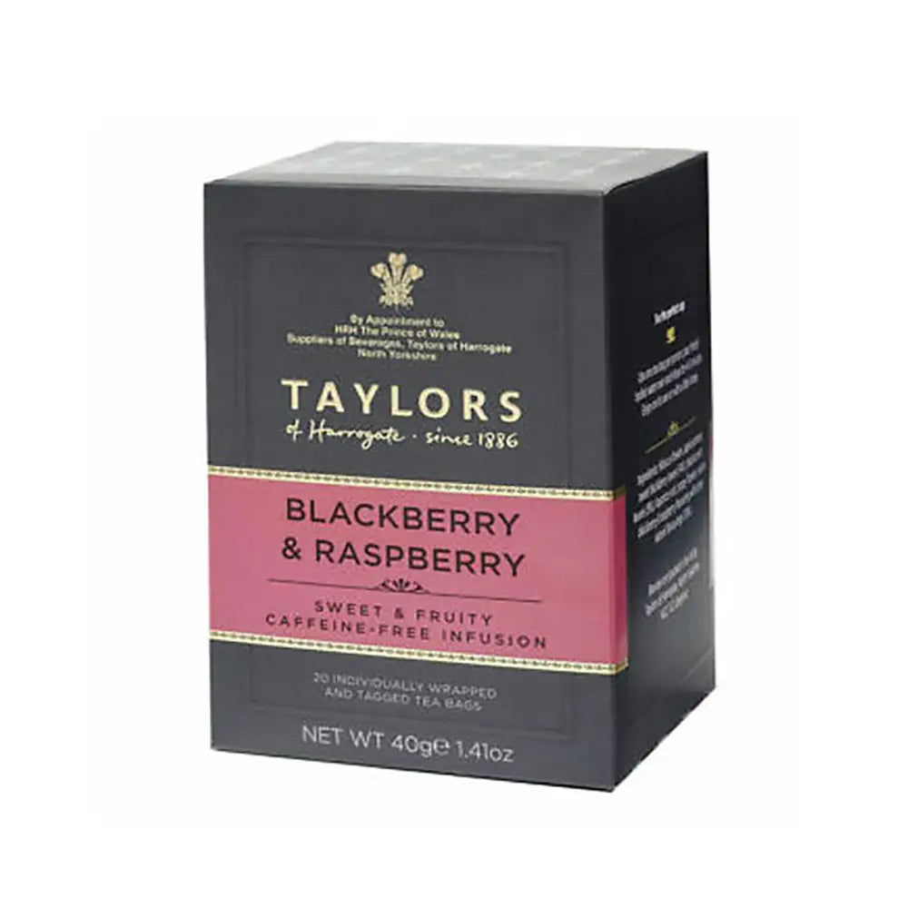 Box of Taylors Blackberry & Raspberry tea on a white background