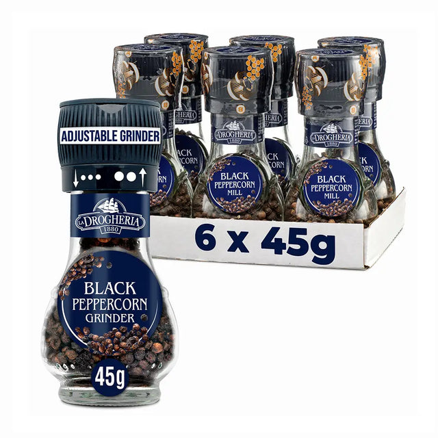 Pack of 6 Drogheria Peppercorn Grinders with adjustable grinder