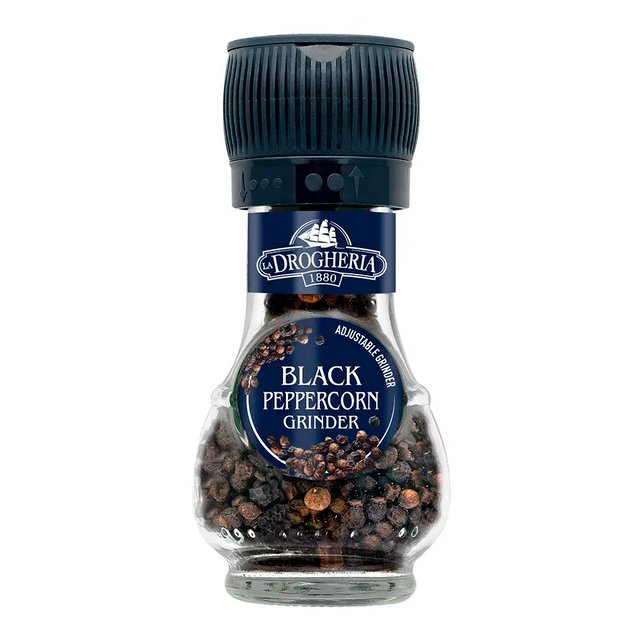 Drogheria Black Peppercorn Grinder Mill with Adjustable Grinder. Black cap and grinder and glass bottle filled with whole peppercorns. Blue labelling reads Drogheria 1880 Black Peppercorn Grinder Adjustable Grinder.