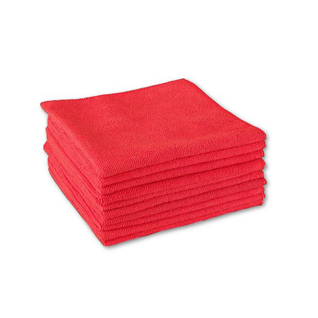 A stack of microfibre cleaning cloths in red.