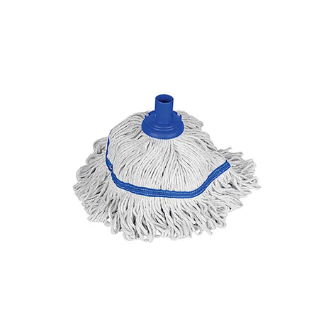 Washable Stay-Flat Socket Mop Head -White mop head with blue clip-on attachments on a white background