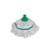 Washable Stay-Flat Socket Mop Head -White mop head with green clip-on attachments on a white background