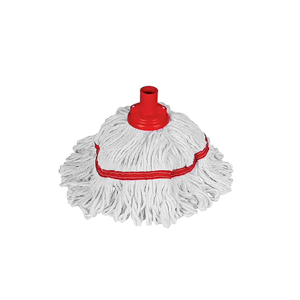 Washable Stay-Flat Socket Mop Head -White mop head with red clip-on attachments on a white background