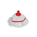 Washable Stay-Flat Socket Mop Head -White mop head with red clip-on attachments on a white background