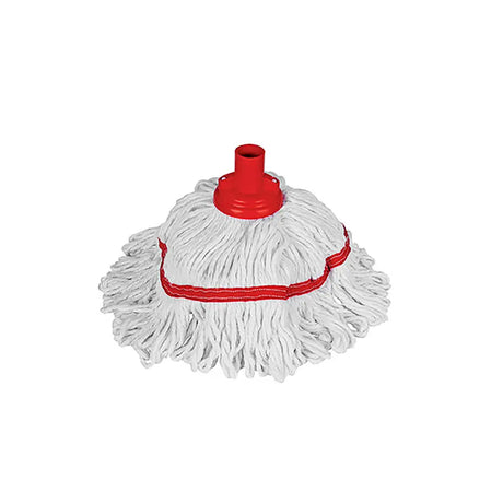 Washable Stay-Flat Socket Mop Head -White mop head with red clip-on attachments on a white background