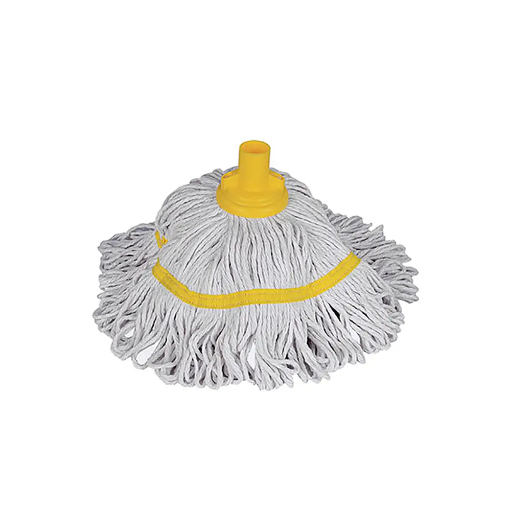 Washable Stay-Flat Socket Mop Head -White mop head with yellow clip-on attachments on a white background