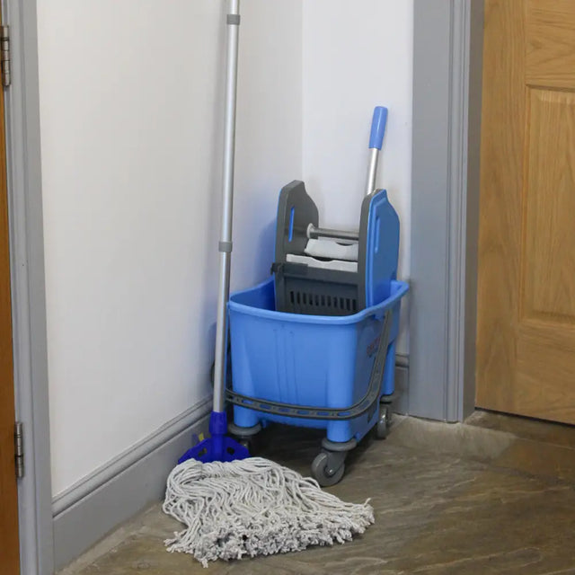 Blue mop bucket with a mop and bucket featuring Extra Long Mop & Broom Handle