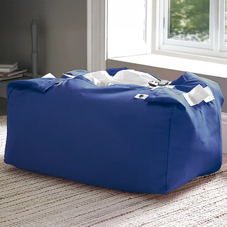 Blue durable polyester hamper-style laundry bags featuring a trio strap and buckle closure for quick and easy fastening, the hotel laundry bags have strong handles for easy carrying.