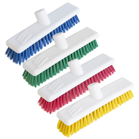Four Washable Soft Broom Heads in colours blue, green, pink, and yellow bristles on a white background.