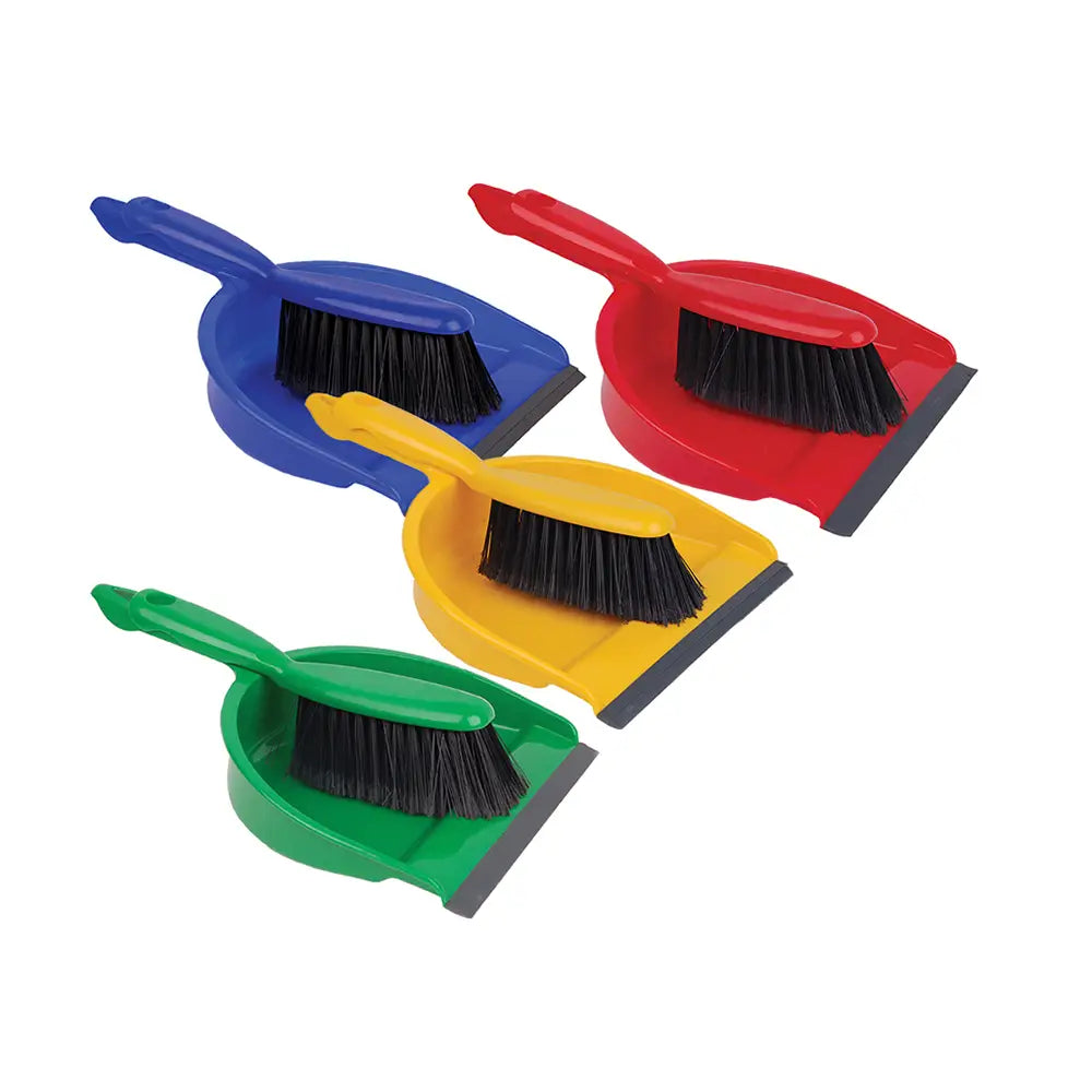 Set of four colorful cleaning brushes with dustpans on a white background