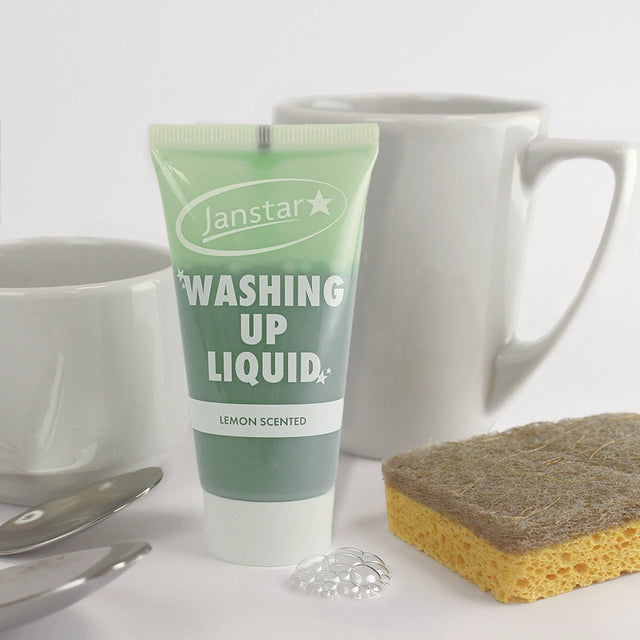 Tube of Janstar washing up liquid with a sponge and cups in the background