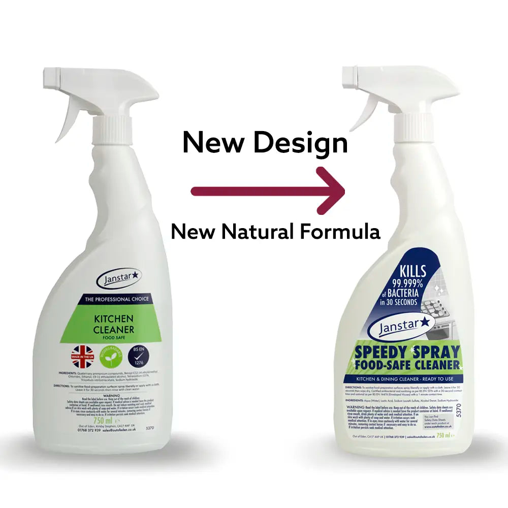 Two bottles of Janstar cleaning products with text indicating a new design and new natural formula