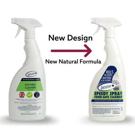 Two bottles of Janstar cleaning products with text indicating a new design and new natural formula