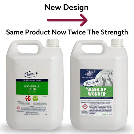 Two bottles of Janstar cleaning products with labels for washing-up liquid and wash-up wonder on a white background.