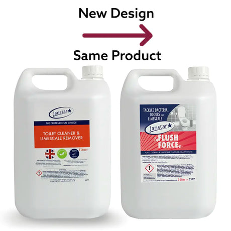 Two bottles of Janstar flush force with labels indicating new product name on a white background.