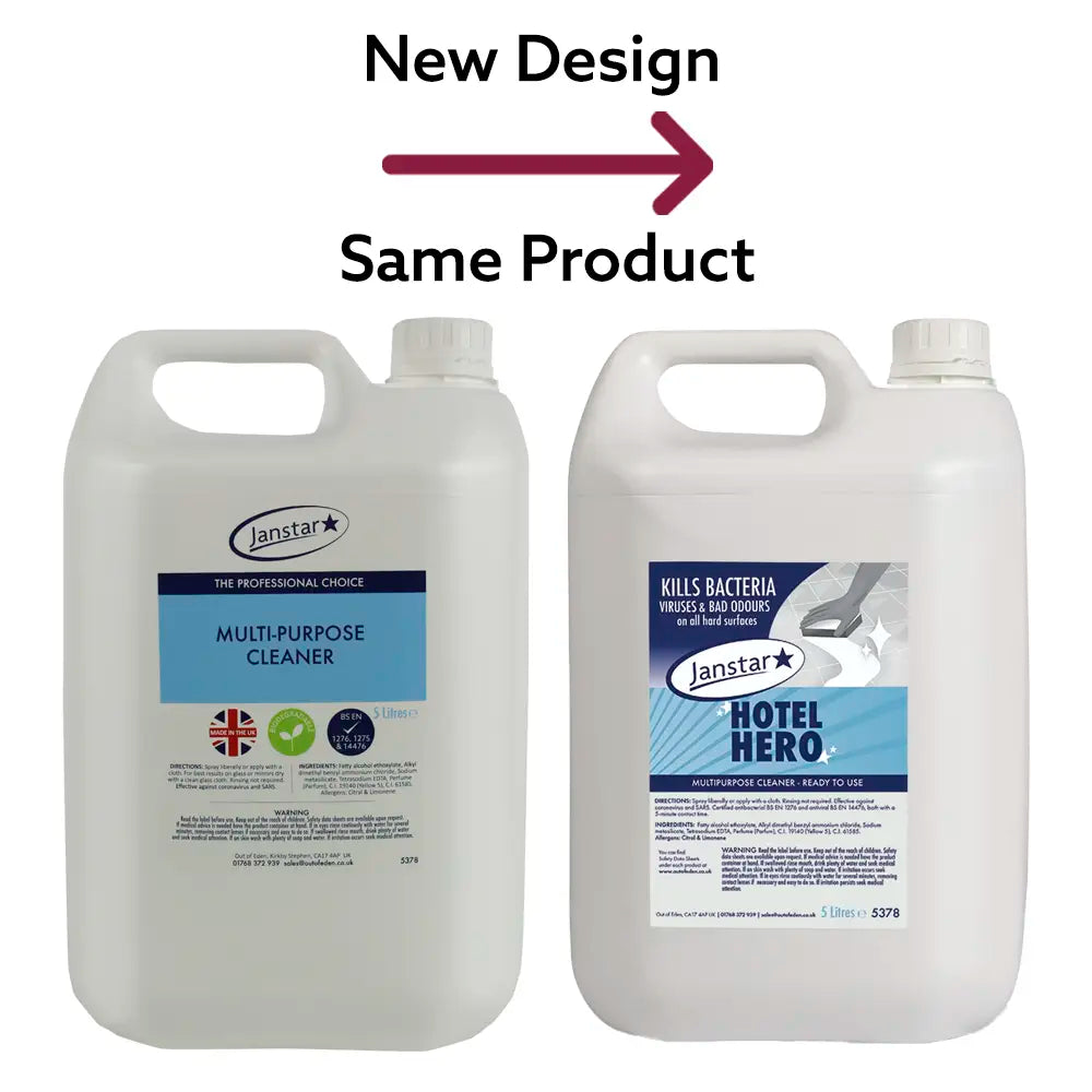 Two bottles of Janstar Hotel Hero with labels indicating new product name on a white background.