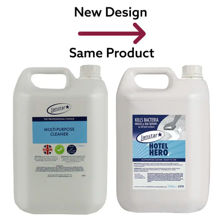 Two bottles of Janstar Hotel Hero with labels indicating new product name on a white background.