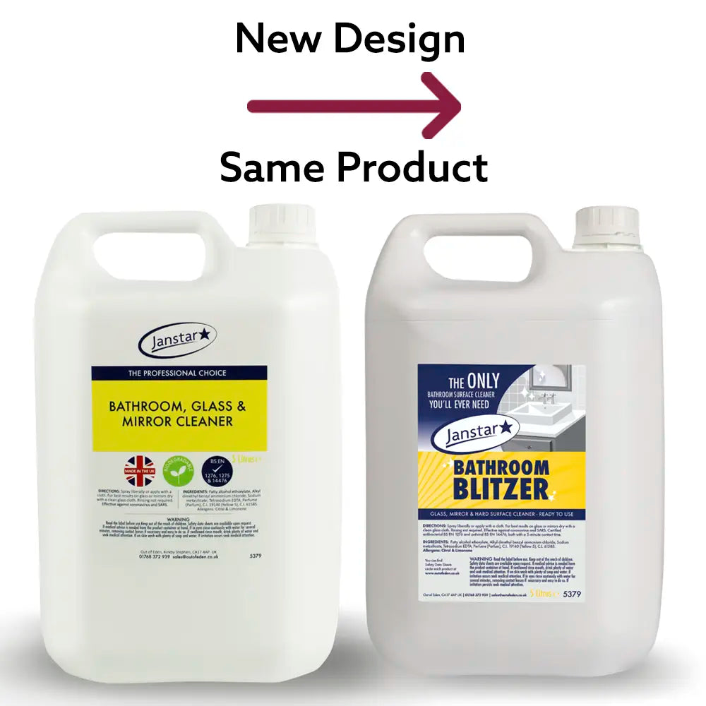 Two bottles of Janstar Bathroom Blitzer with labels indicating new product name on a white background.