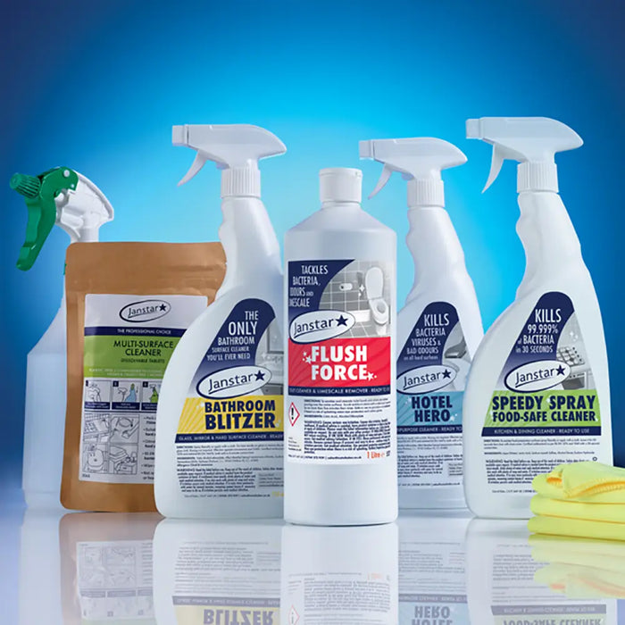 Collection of Janstar cleaning products on a reflective surface with a blue gradient background
