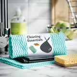 Cleaning Essentials Welcome Wrap including a 100L bin liner made from recycled plastic, a compostable cleaning cloth made from natural fibres, and a sponge scourer made from wood pulp and sisal reinforced with polyester fibres. All neatly wrapped up in a CSF certified recycled paper wrap.
