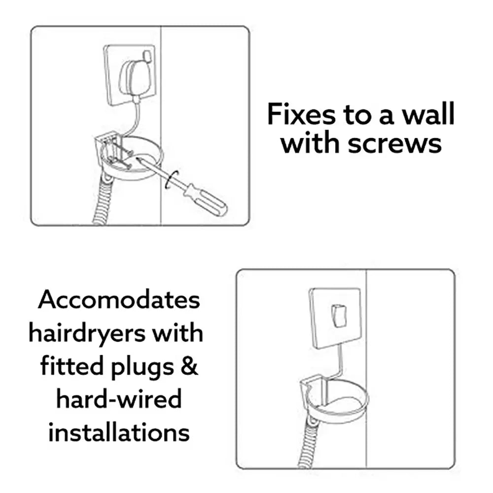 Instructions for wall-mounted hairdryer installation with screws and compatibility details.