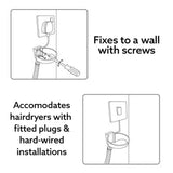Instructions for wall-mounted hairdryer installation with screws and compatibility details.