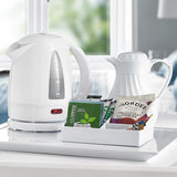 WhiteMelamine Welcome Tray Tea-making set with electric kettle, jug, cups, and tea bags on a tray.