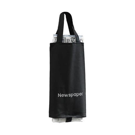 Black newspaper holder with 'Newspaper' embroidered on to the bag
