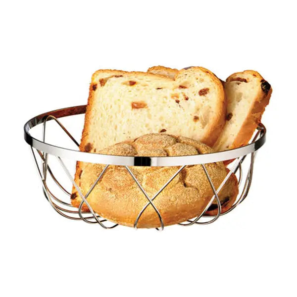 Chrome Plated Basket - 18cm -  Ideal not only for serving bread rolls, pastries, napkins or fruit as part of breakfast service but it also serves as a lovely way to present toiletries, amenities and face cloths in guest rooms and bathroom