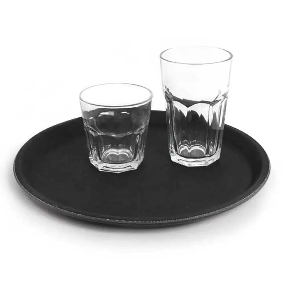 Two clear glasses on a Black Round Non-Slip Tray