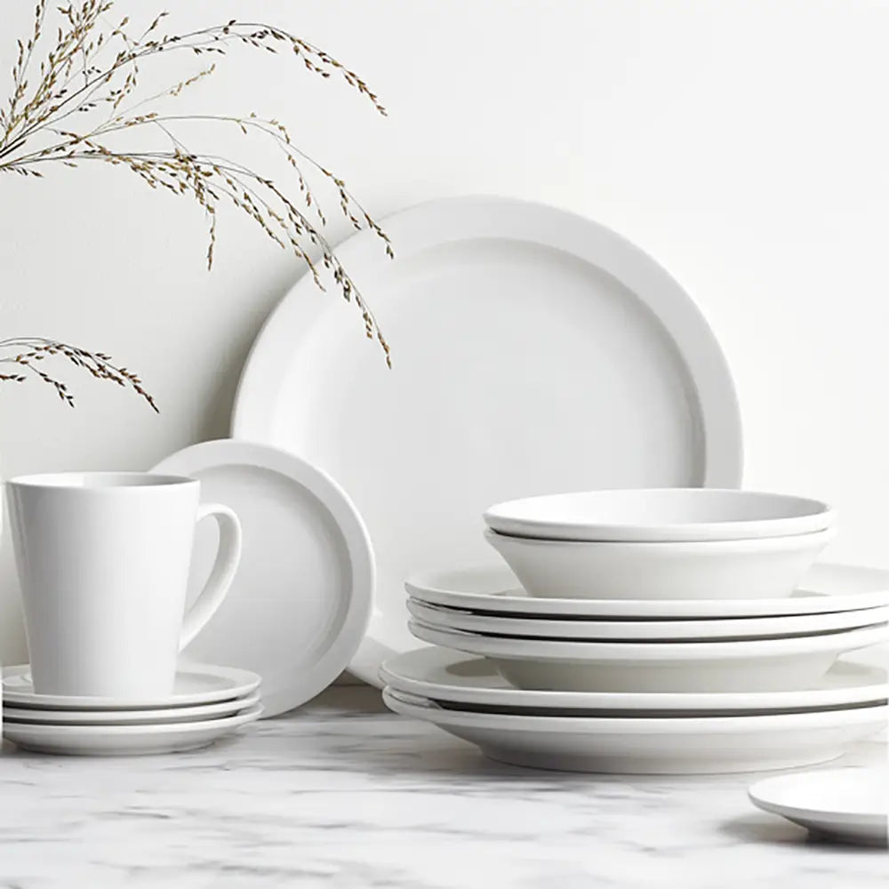 Multiple Toughened Winged Serving Plates neatly stacked, highlighting their space-saving, stackable feature suitable for both personal and professional settings.