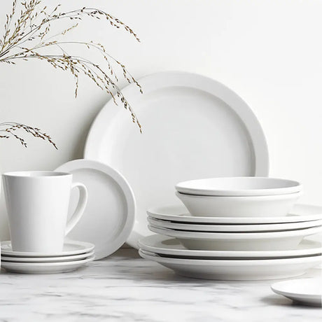 Multiple Toughened Winged Serving Plates neatly stacked, highlighting their space-saving, stackable feature suitable for both personal and professional settings.