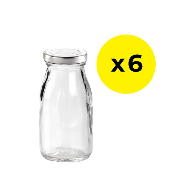 Clear glass bottle with silver lid and a yellow circle with 'x6' on a white background