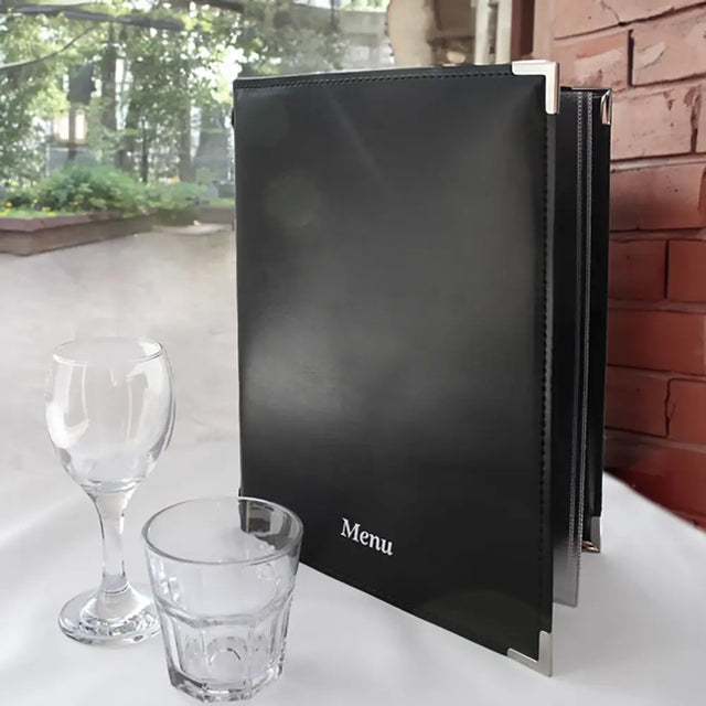 Faux Leather Menu Holder A4 in restaurant setting 