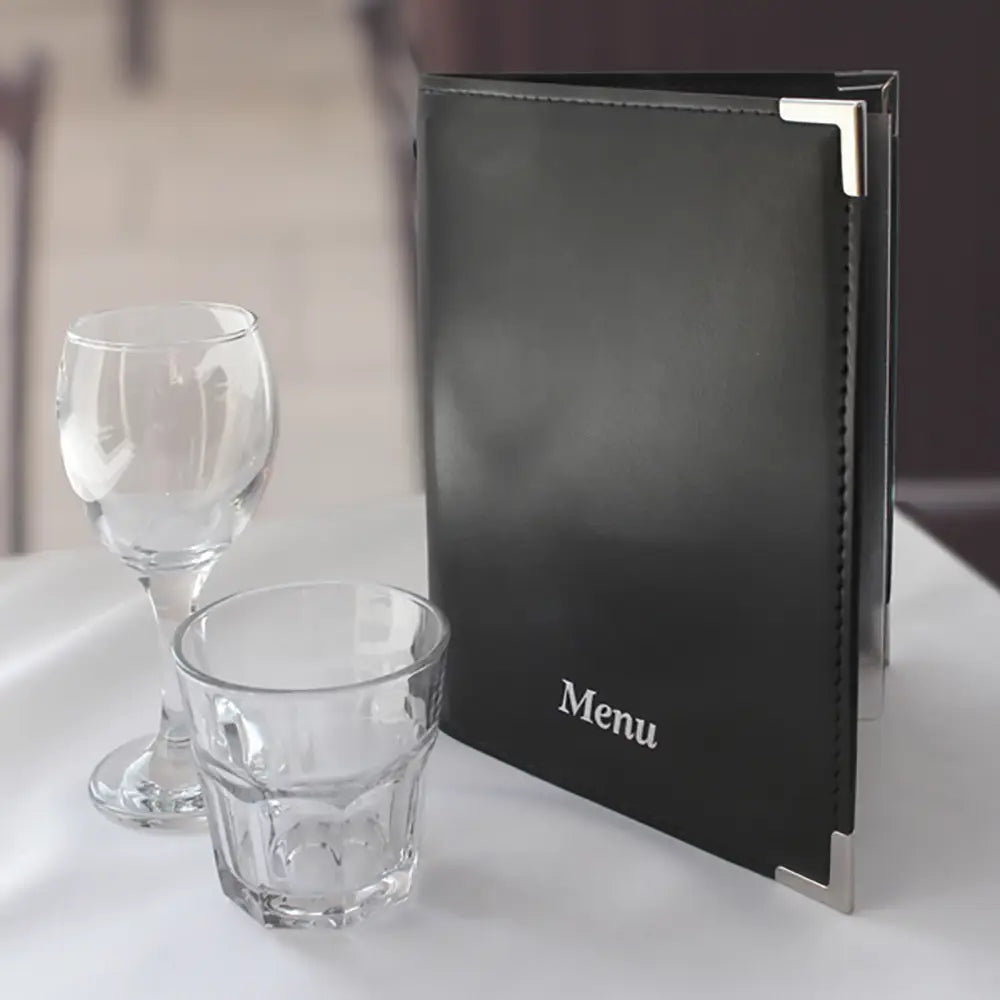 Faux Leather Menu Holder A5 - Black in restaurant lifestyle setting 