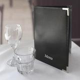 Faux Leather Menu Holder A5 - Black in restaurant lifestyle setting 