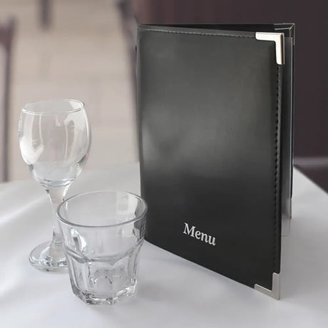Faux Leather Menu Holder A5 - Black in restaurant lifestyle setting 