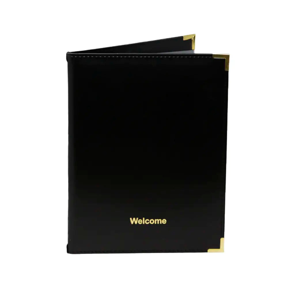 Faux black leather guest information folder with 'Welcome' in gold on a white background