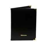 Faux black leather guest information folder with 'Welcome' in gold on a white background