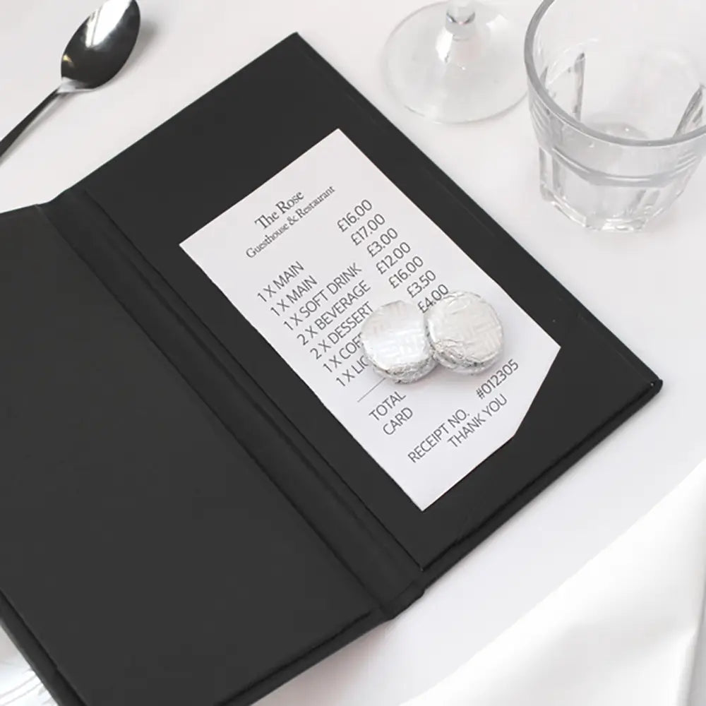 Black Buckram Bill Presenter open -  in restaurant setting 